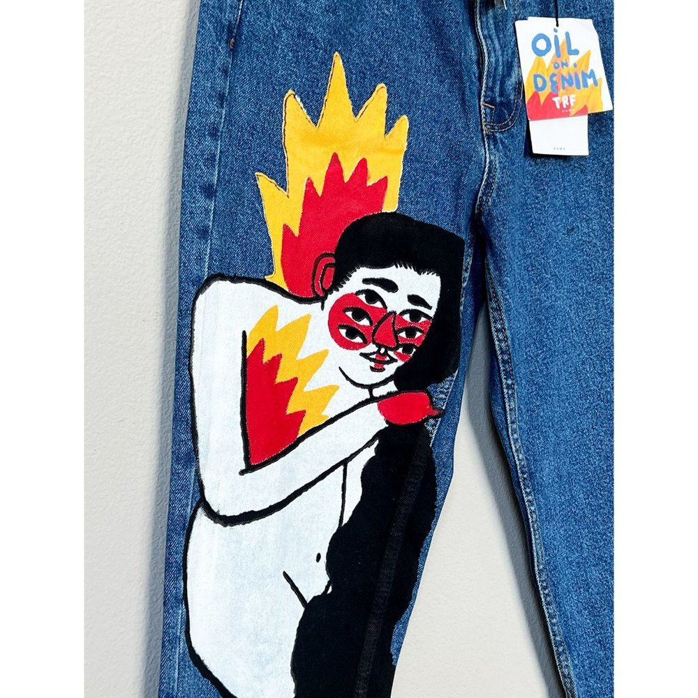 NEW TRF Zara x Ricardo Cavolo Hand Oil Painted Mom Jeans 4 + Belt Dark Wash Rare - Picture 13 of 16